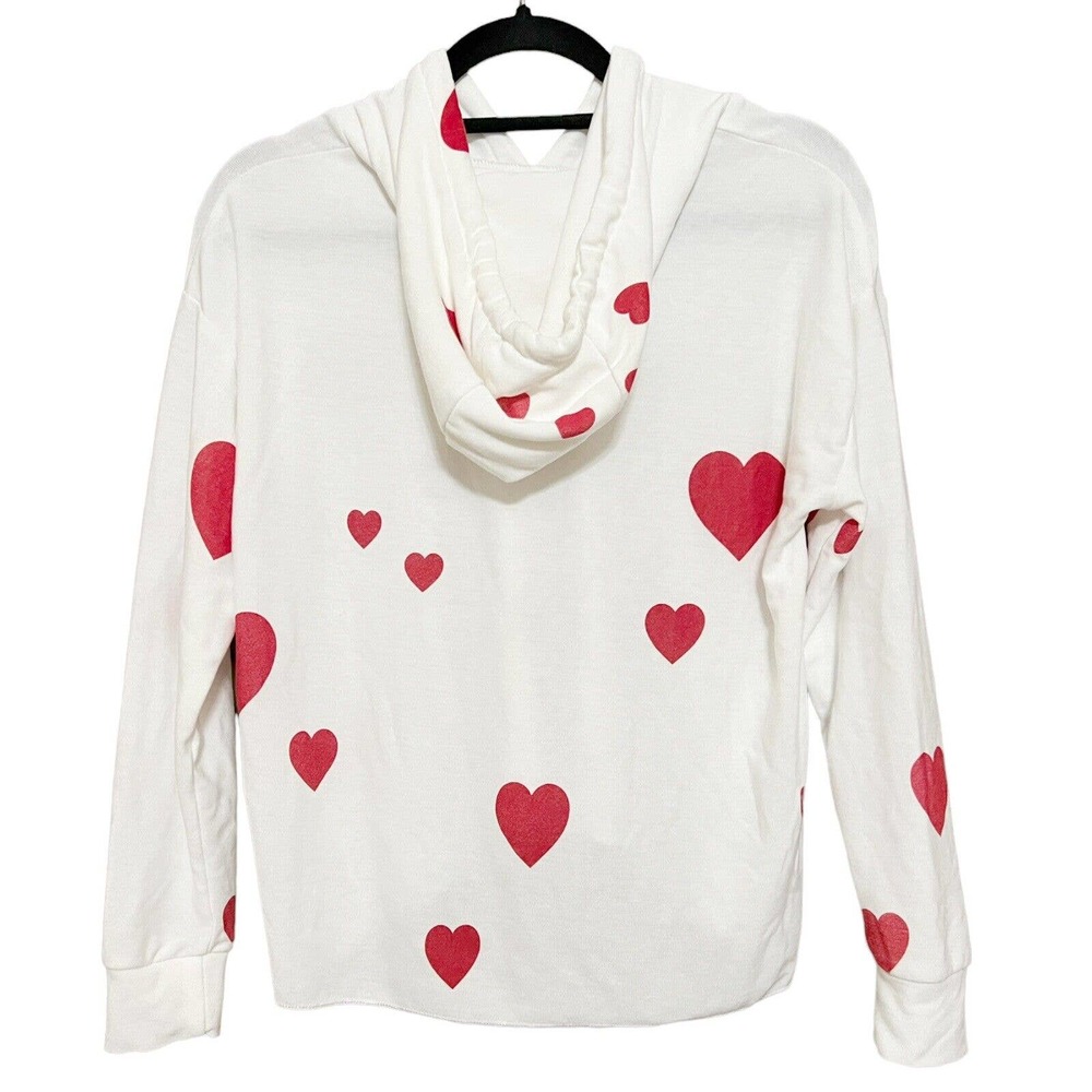 Chaser Women Pullover Heart Print Hoodie Sweatshirt Top Ivory Knit Sz M Long Slv - Picture 4 of 6